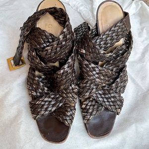 Gucci Brown Leather Braided Open Toe Heels - Size 7